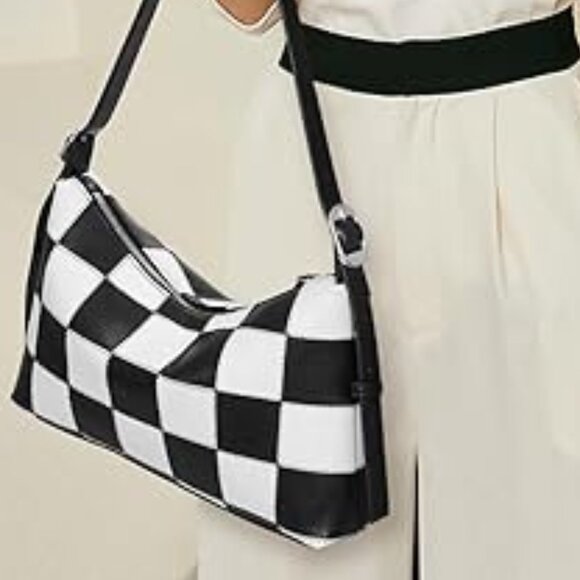 Neiman Marcus Checkered Vegan Leather Shoulder Bag - Picture 1 of 7